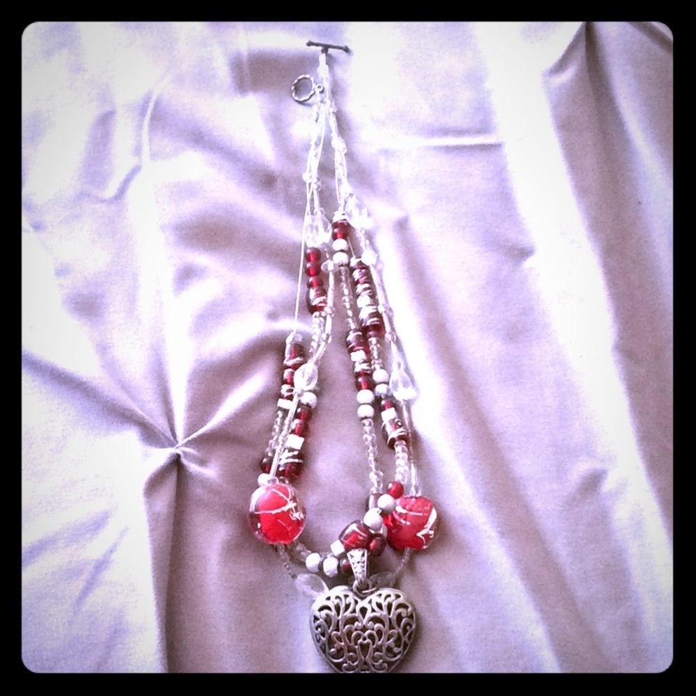 Hand made beaded heart necklace red
